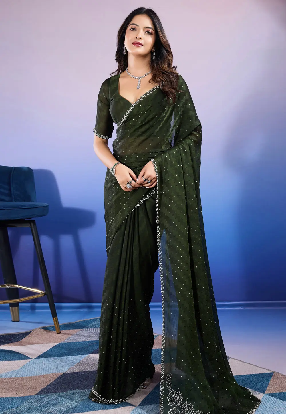 Mehndi Satin Chiffon Saree With Blouse 297713