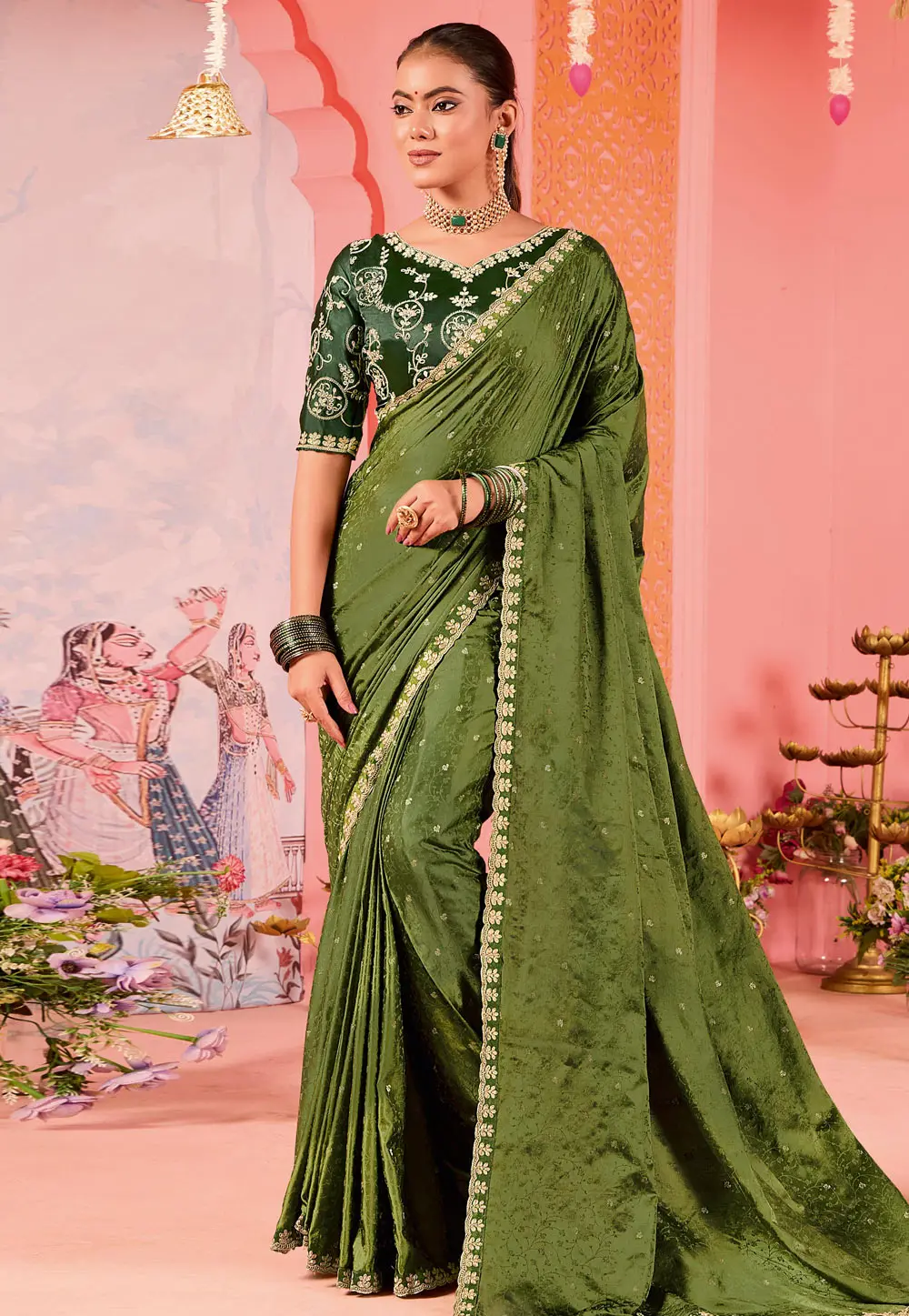 Mehndi Satin Jacquard Saree With Blouse 302060