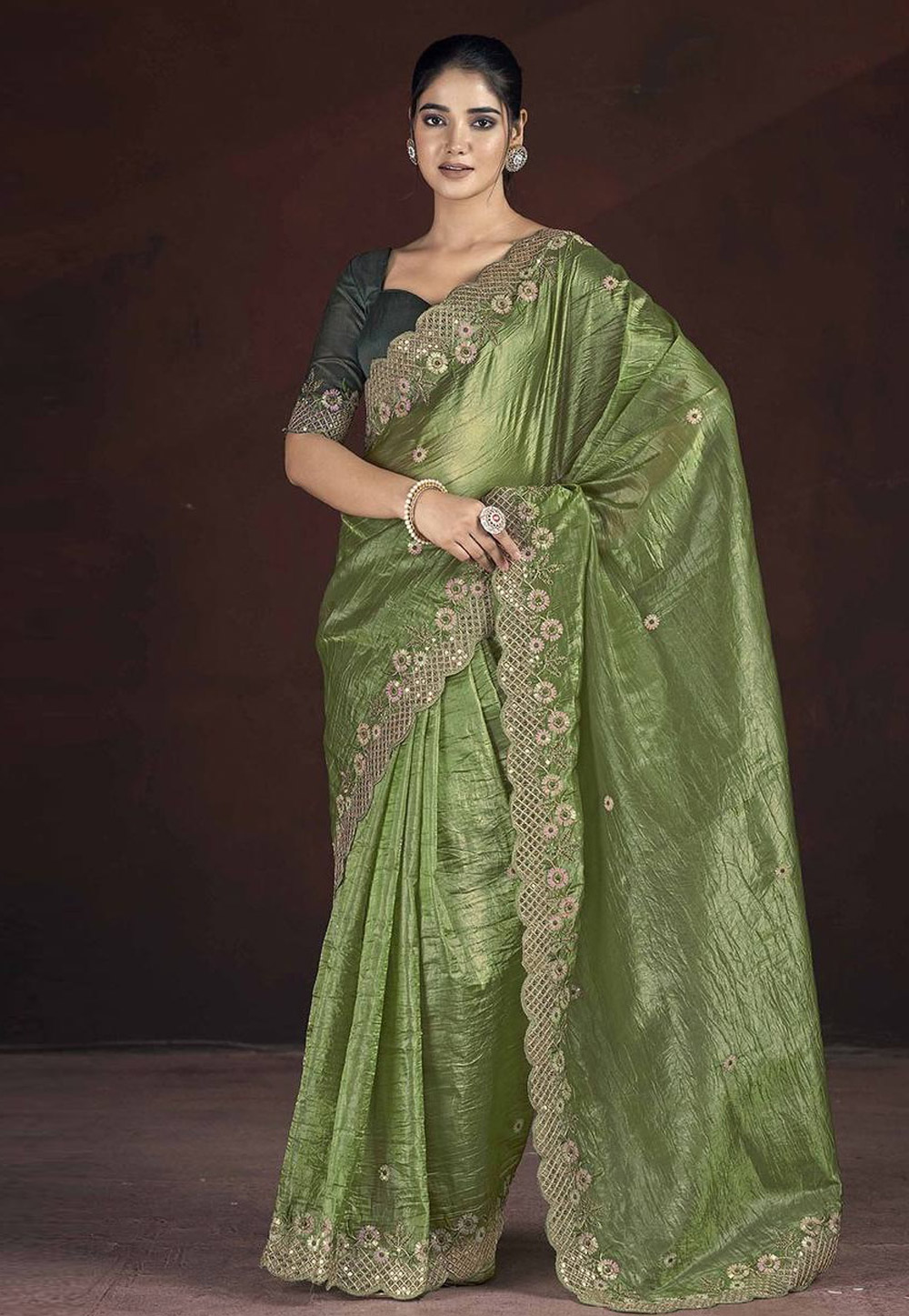 Mehndi Satin Saree With Blouse 305215