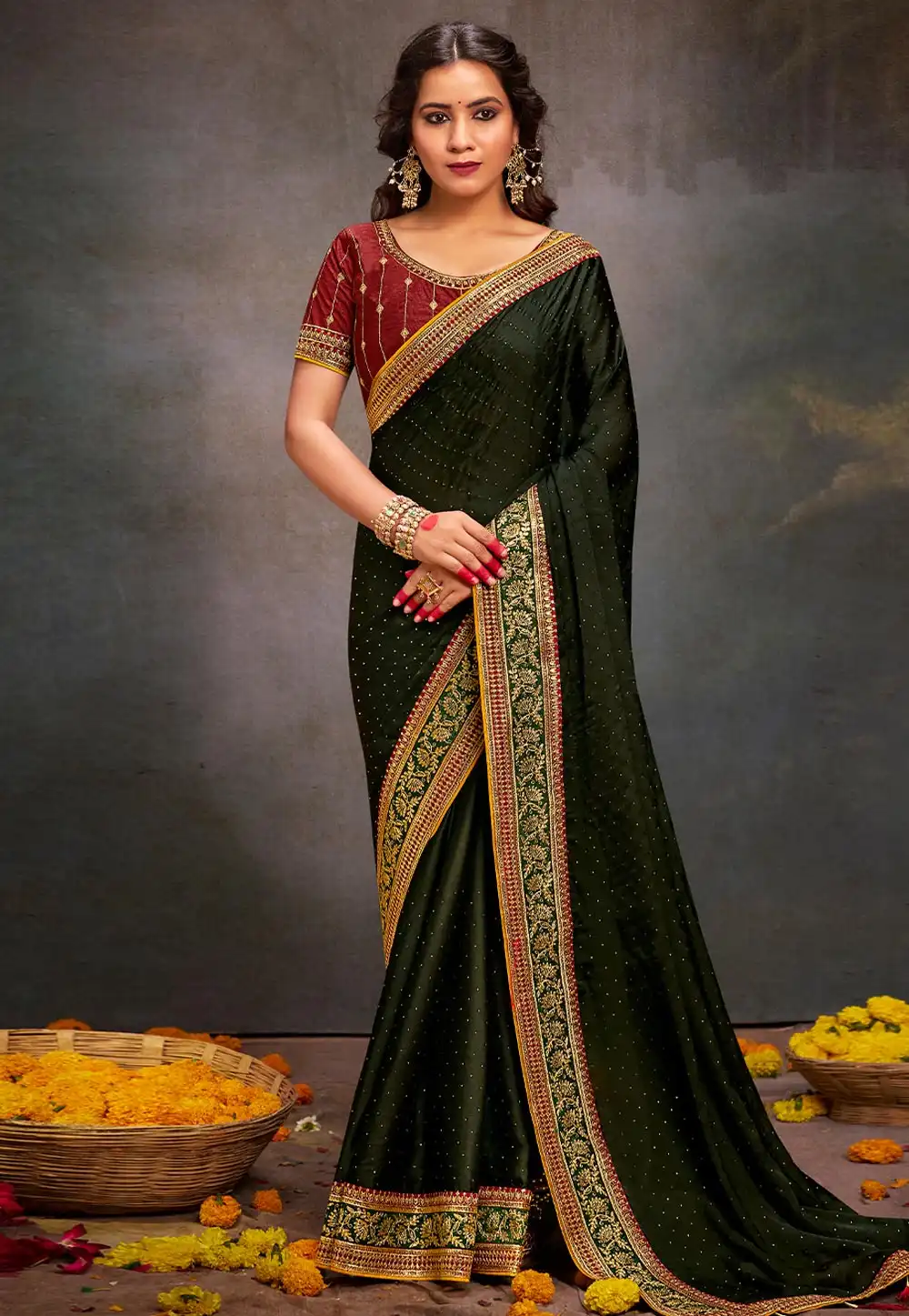 Mehndi Satin Saree With Blouse 291983