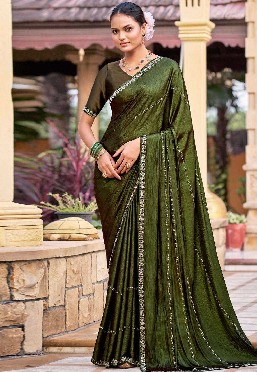 Mehndi Shimmer Chiffon Saree With Blouse 309792