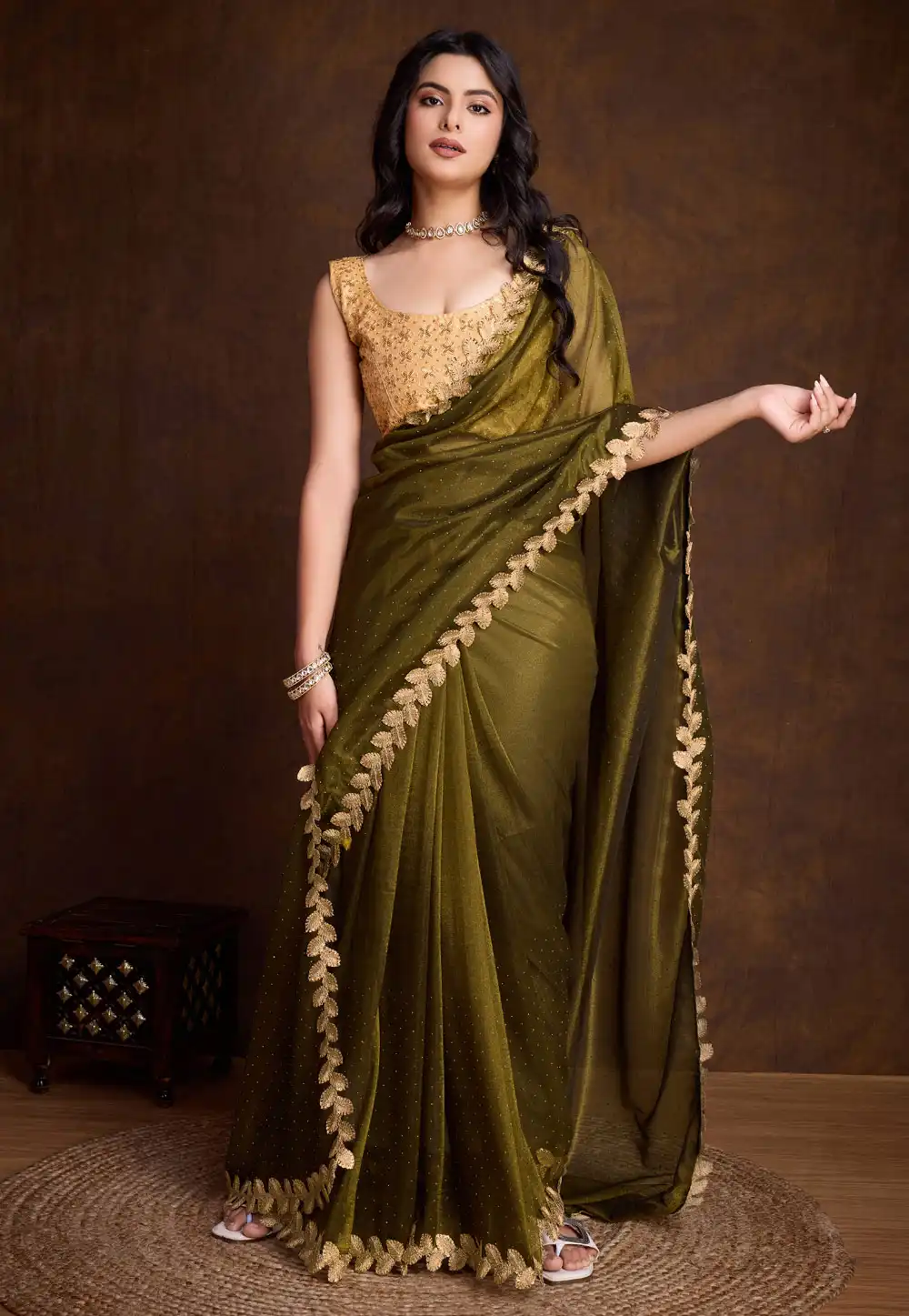 Mehndi Shimmer Net Saree With Blouse 294791