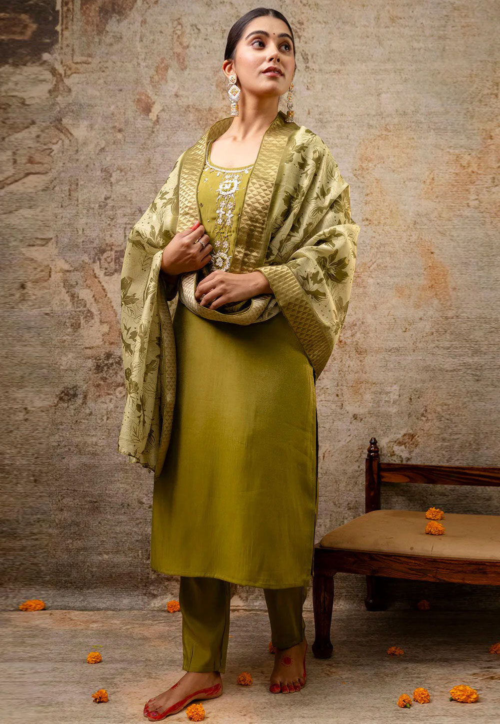 Mehndi Shimmer Readymade Pant Style Suit 309208