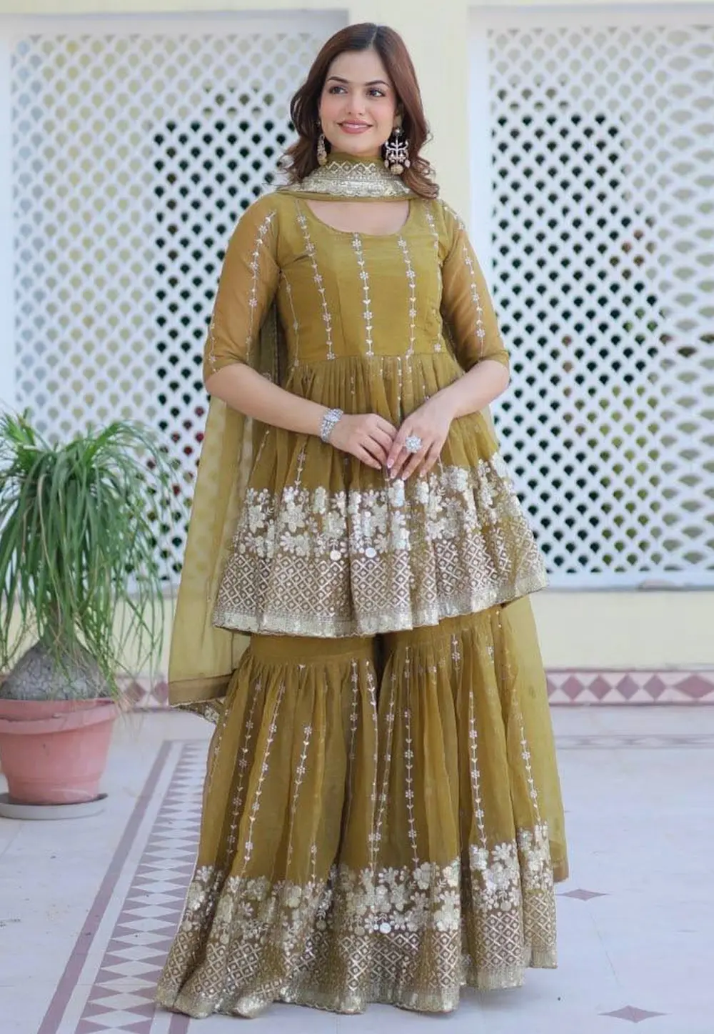 Mehndi Shimmer Readymade Sharara Suit 299551