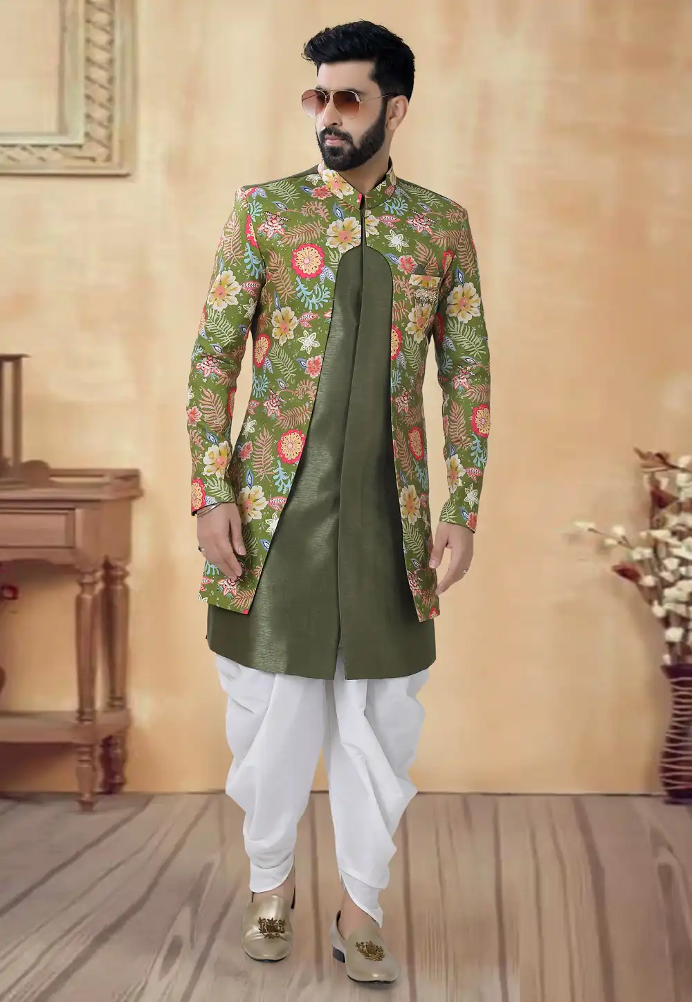 Mehndi Silk Dhoti Sherwani 292398