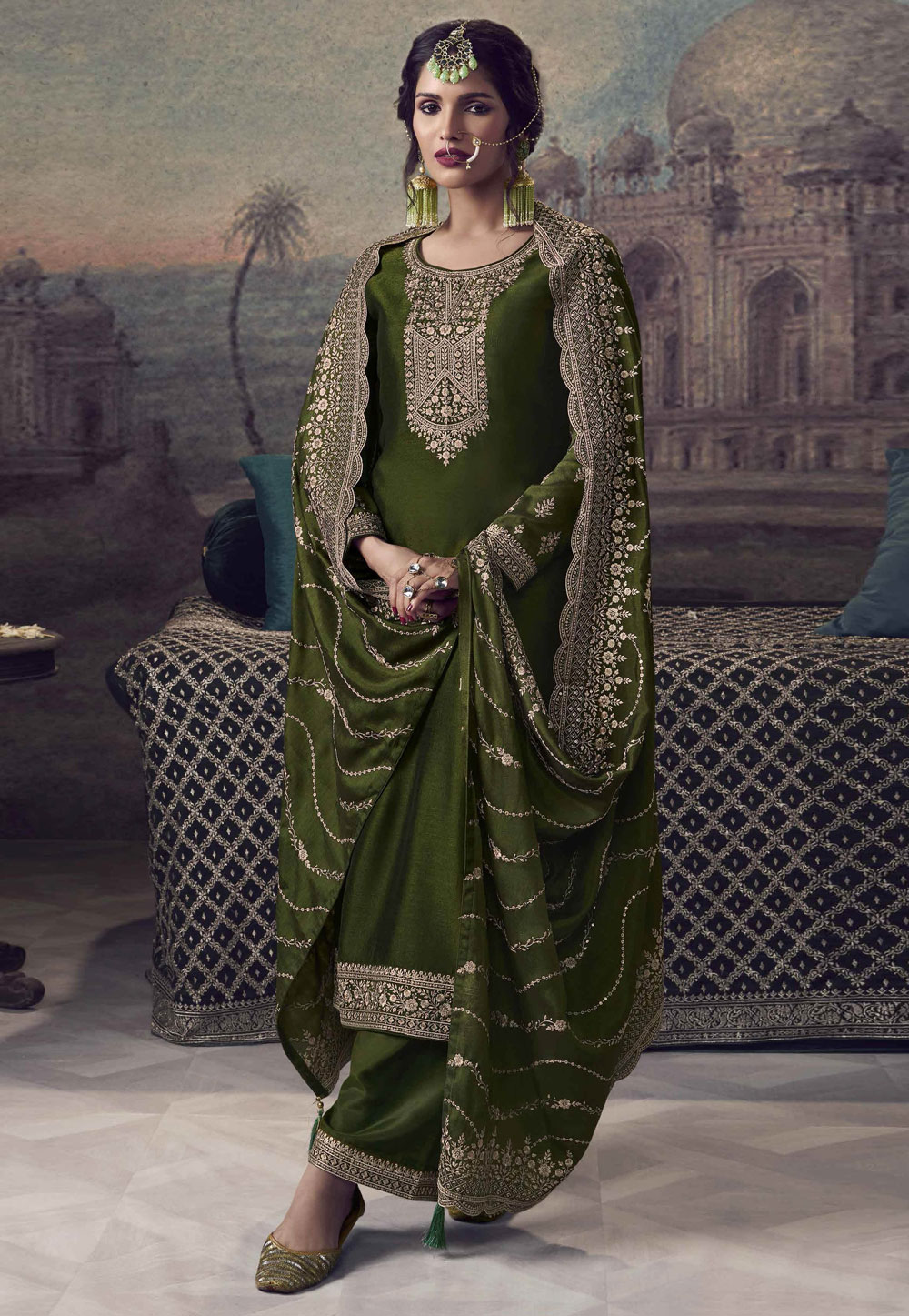 Delightful Look Mehndi Green Color Art Silk Base Pant Style Salwar Suit