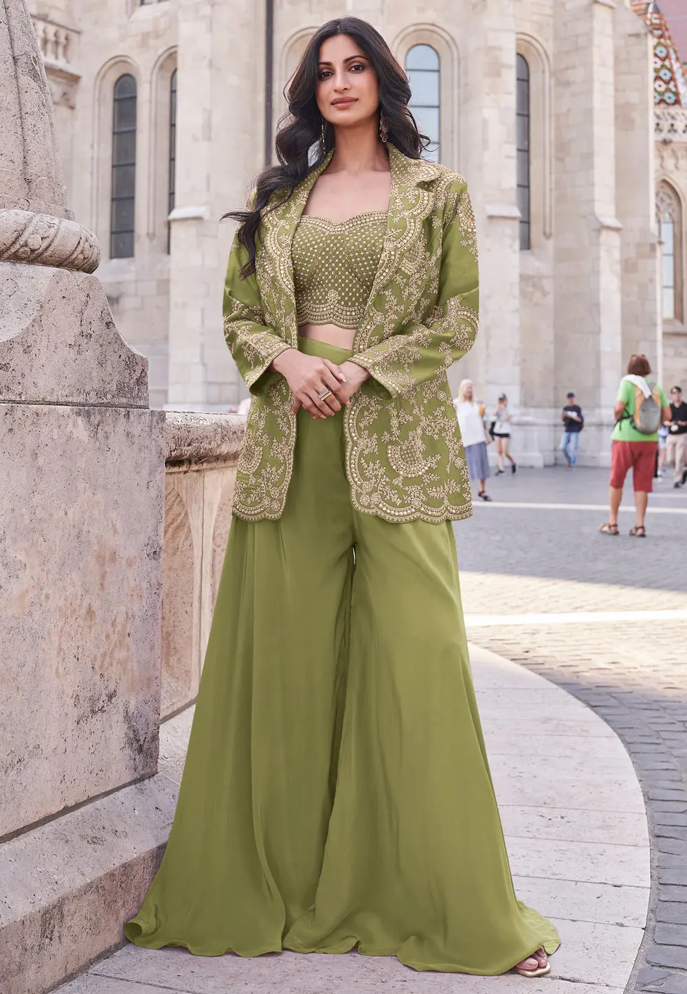 Mehndi Silk Jacket Style Suit 303347