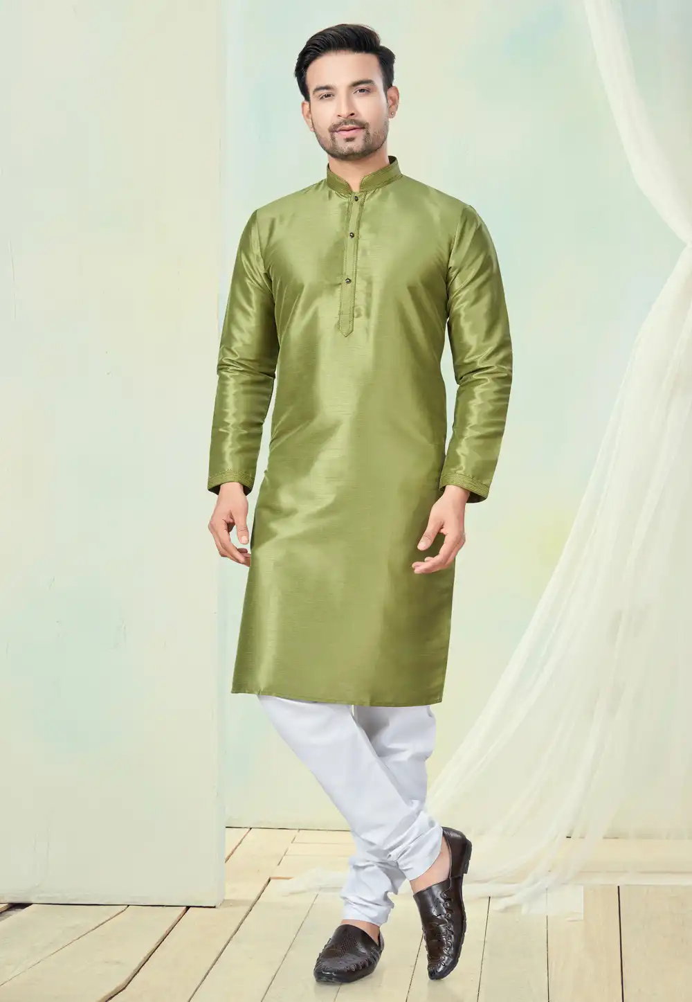 Mehndi Silk Kurta Pajama 294012