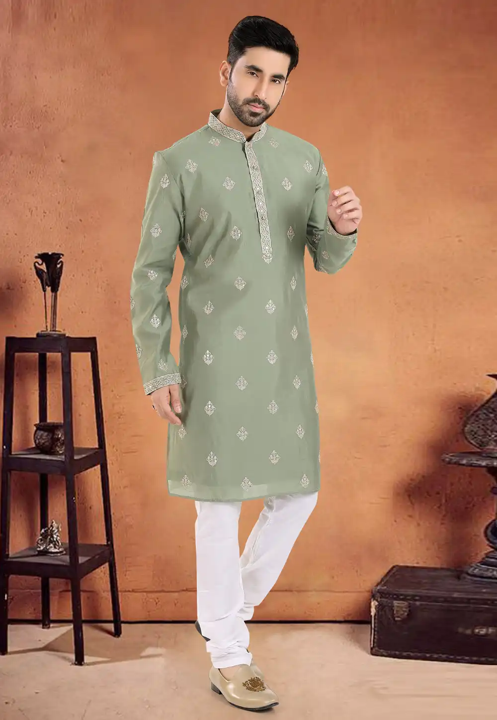 Mehndi Silk Kurta Pajama 290572