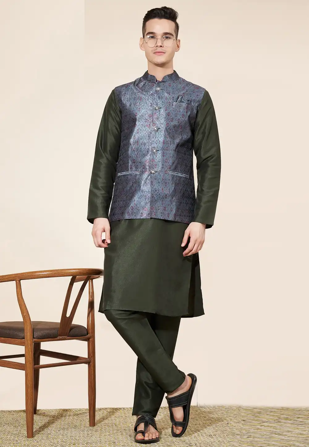 Mehndi Silk Kurta Pajama With Jacket 287887