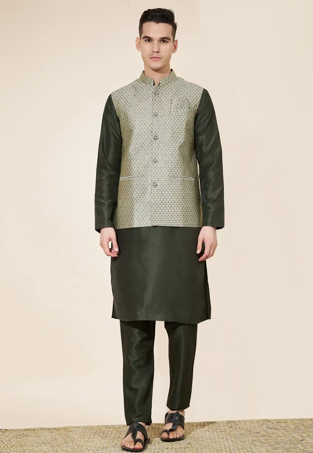 Mehndi Silk Kurta Pajama With Jacket 287889