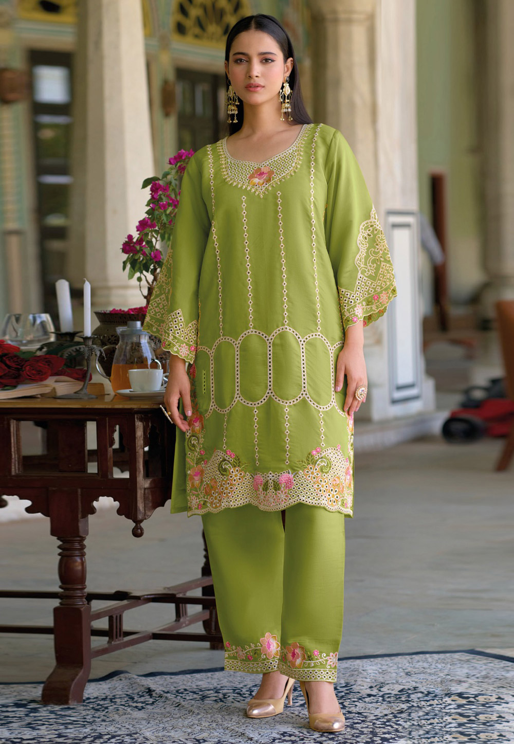Mehndi Silk Kurta Set With Pant 309584