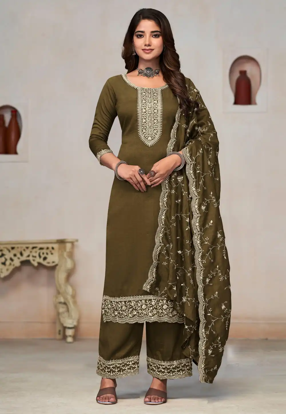 Mehndi Silk Pakistani Suit 290693