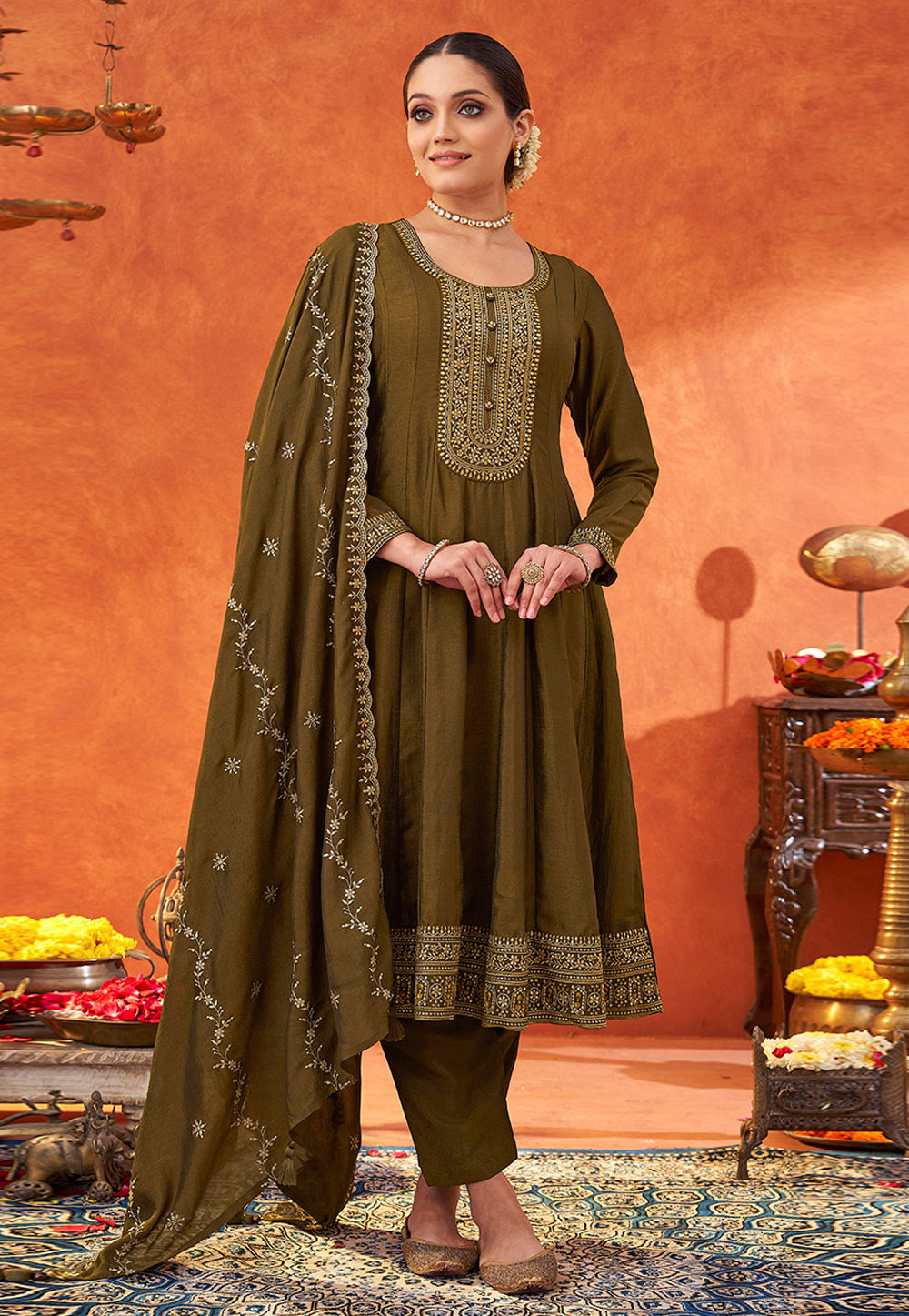 Mehndi Silk Readymade Anarkali Suit 310577