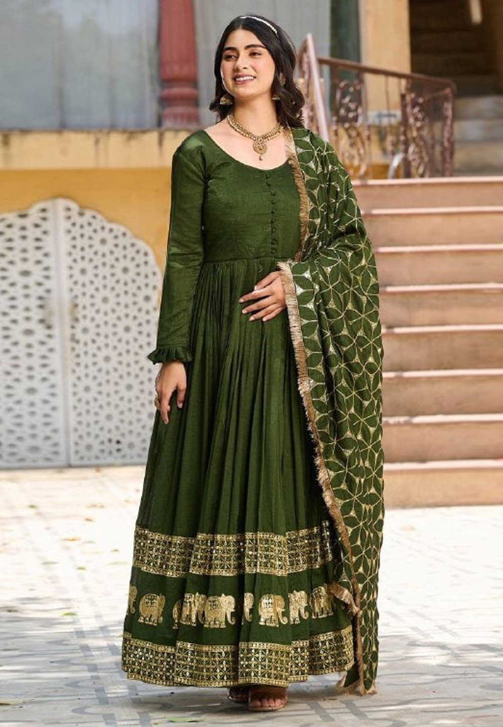 Mehndi Silk Readymade Anarkali Suit 309746