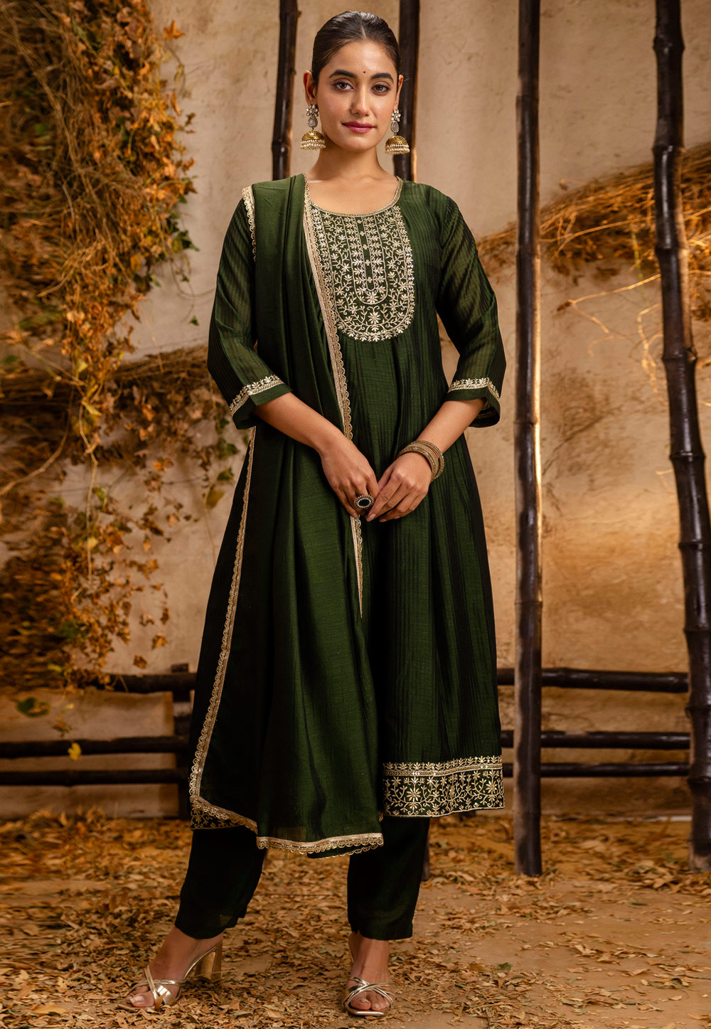 Mehndi Silk Readymade Anarkali Suit 309552