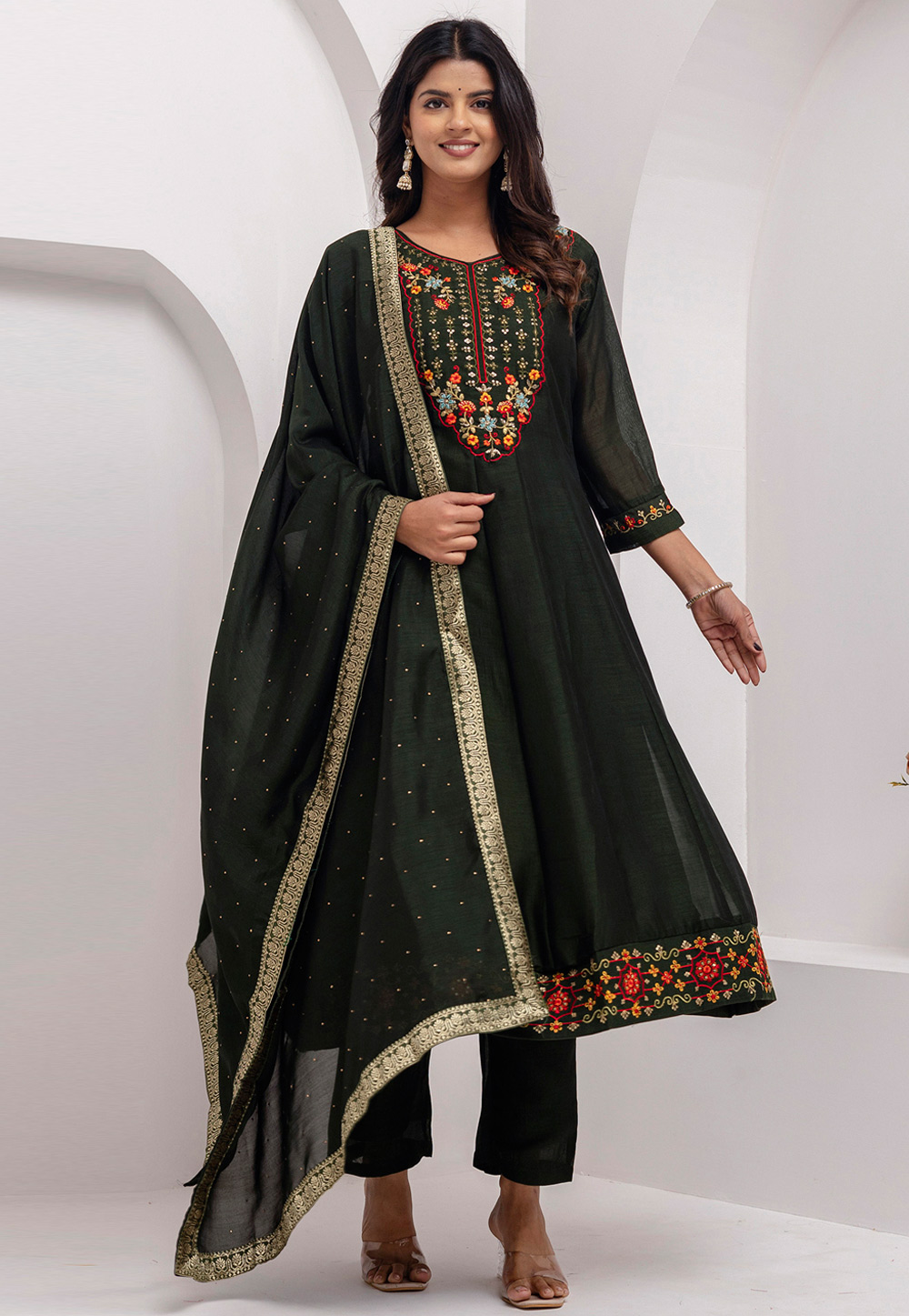 Mehndi Silk Readymade Anarkali Suit 309697
