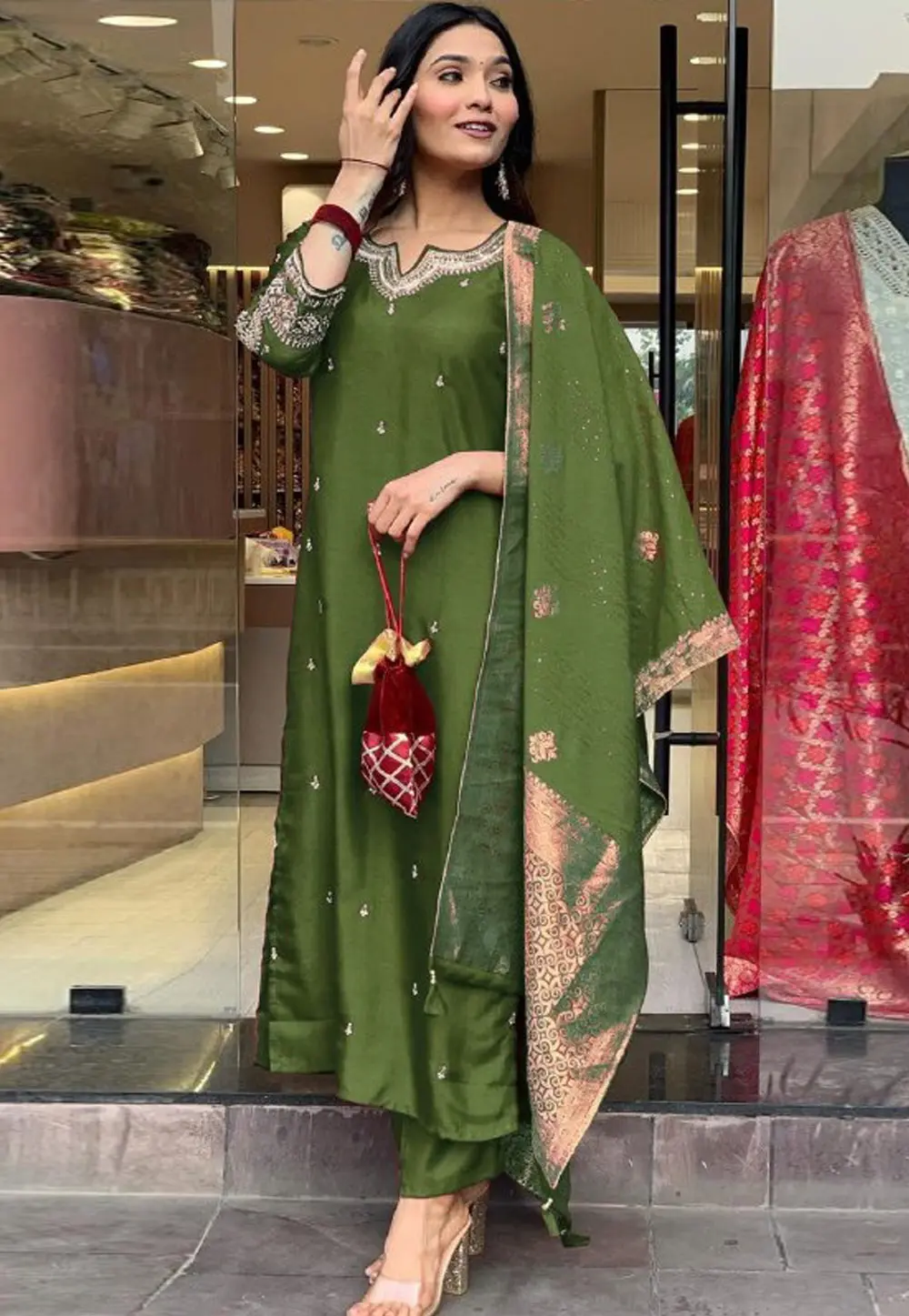 Mehndi Silk Readymade Pakistani Suit 304405