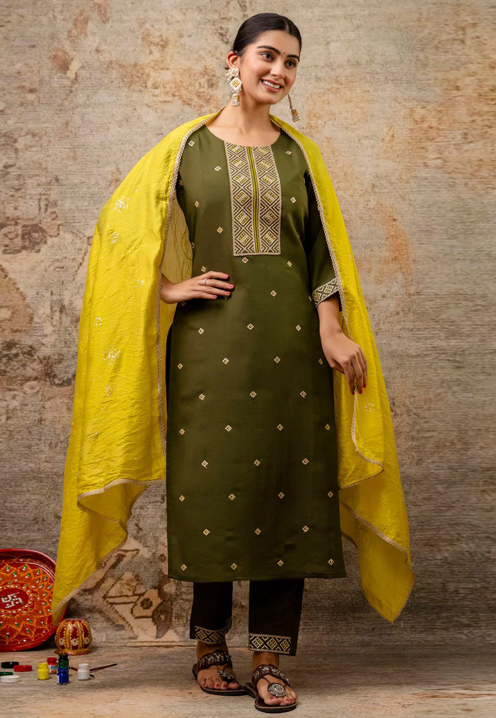 Mehndi Silk Readymade Pakistani Suit 309261