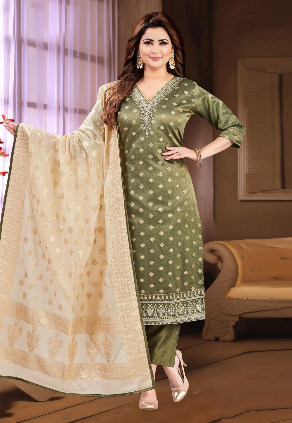 Mehndi Silk Readymade Pant Style Suit 305853