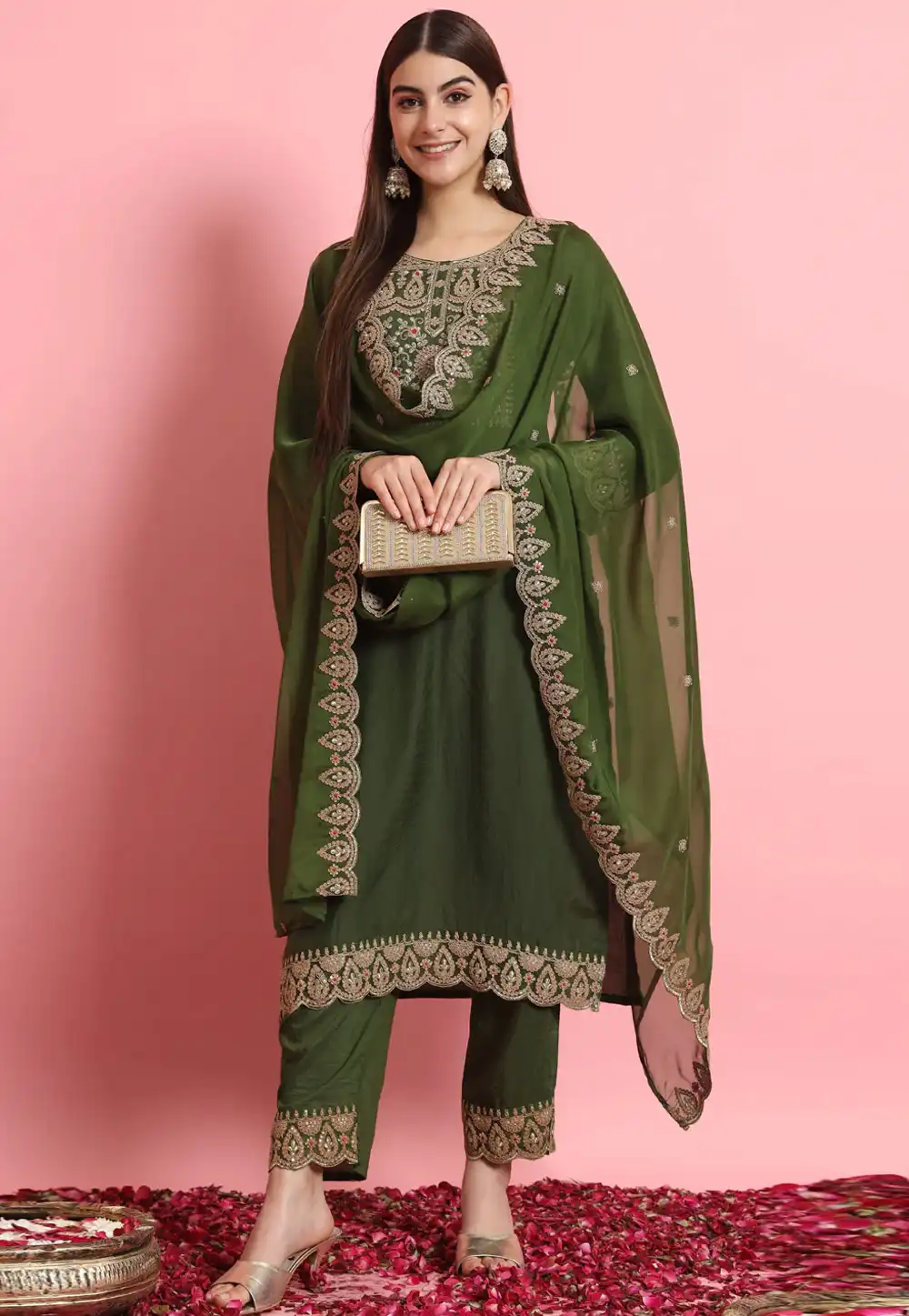 Mehndi Silk Readymade Pant Style Suit 289464