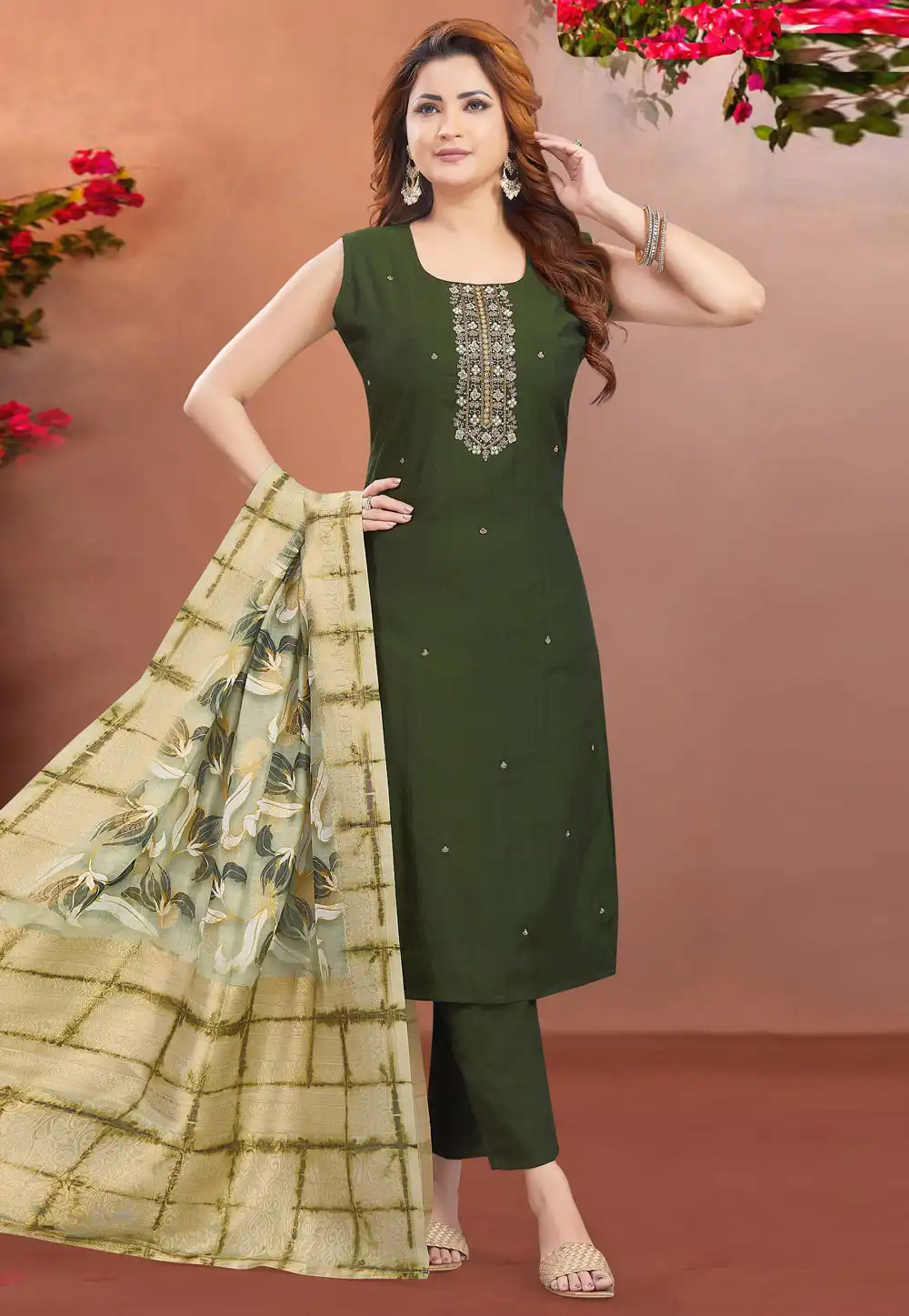 Mehndi Silk Readymade Pant Style Suit 294076