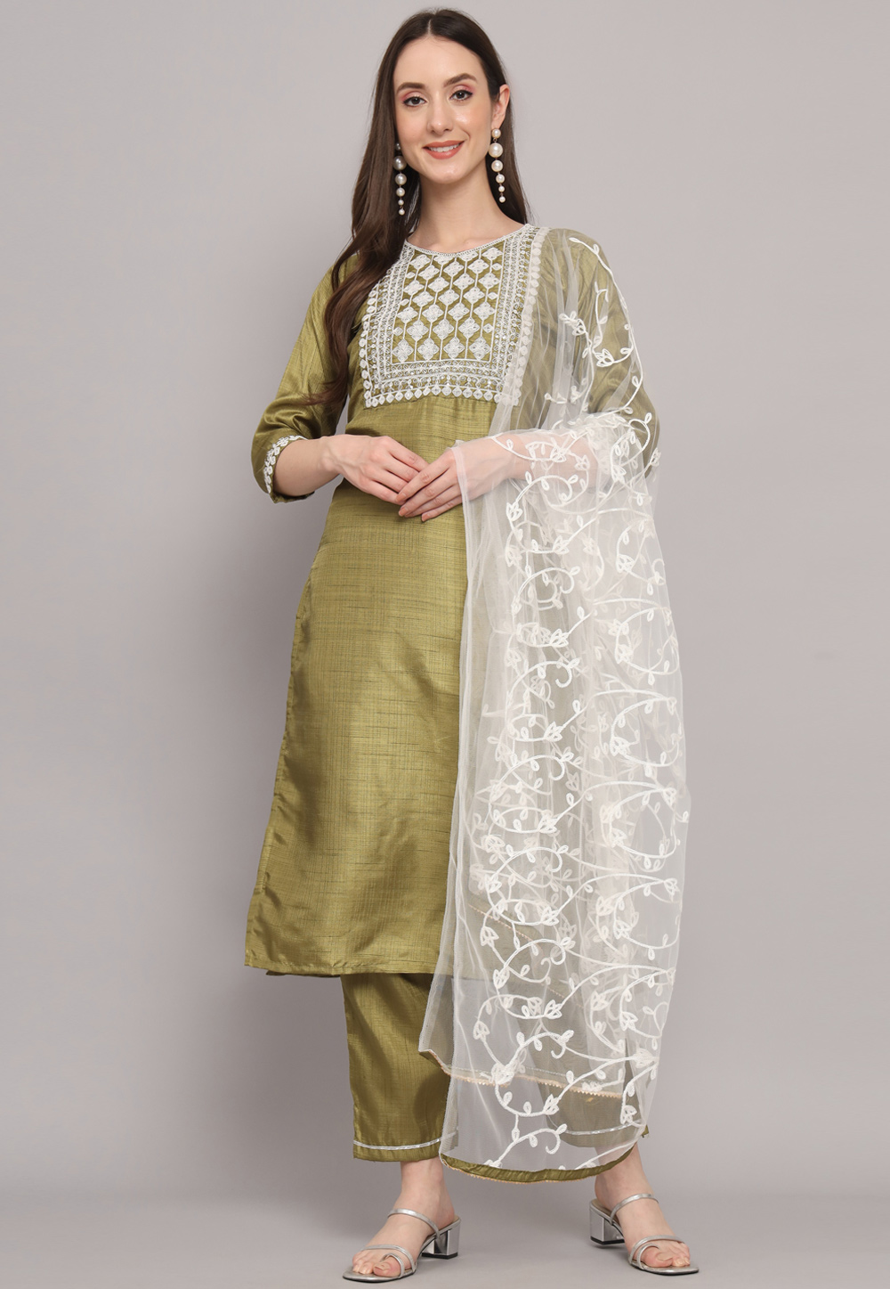 Mehndi Silk Readymade Pant Style Suit 310184