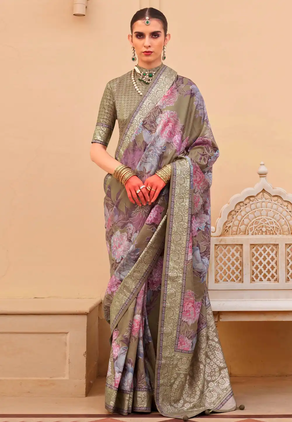 Mehndi Silk Saree With Blouse 291588