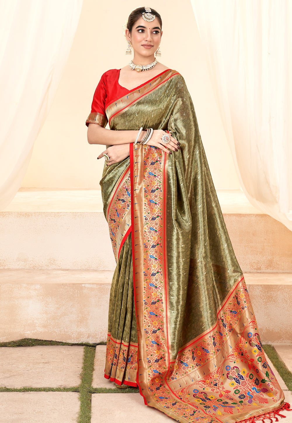 Mehndi Silk Saree With Blouse 283479