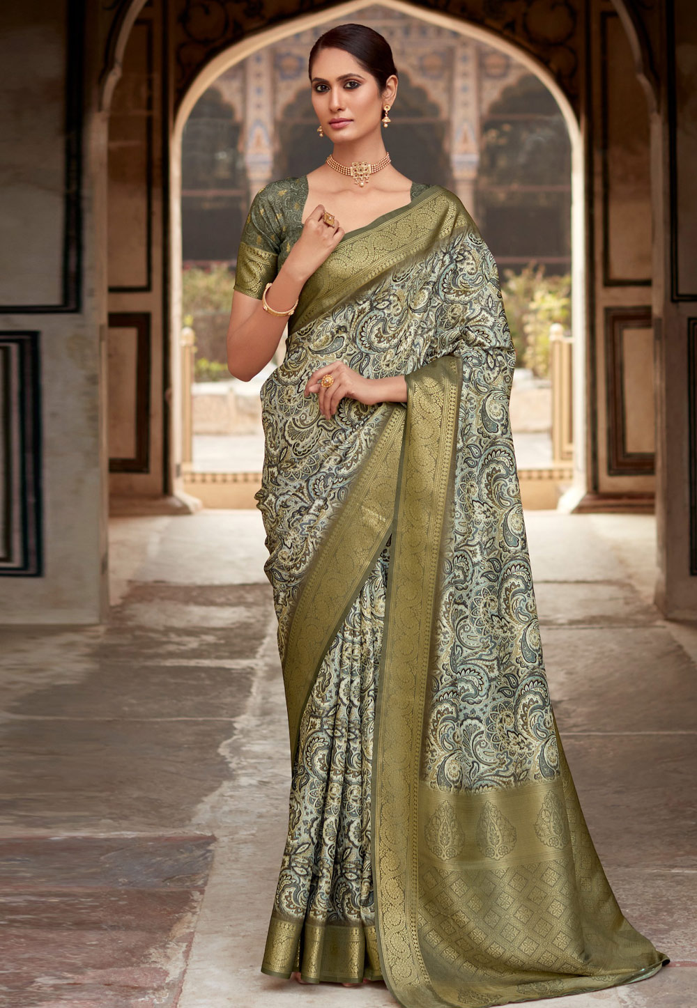 Mehndi Silk Saree With Blouse 310399