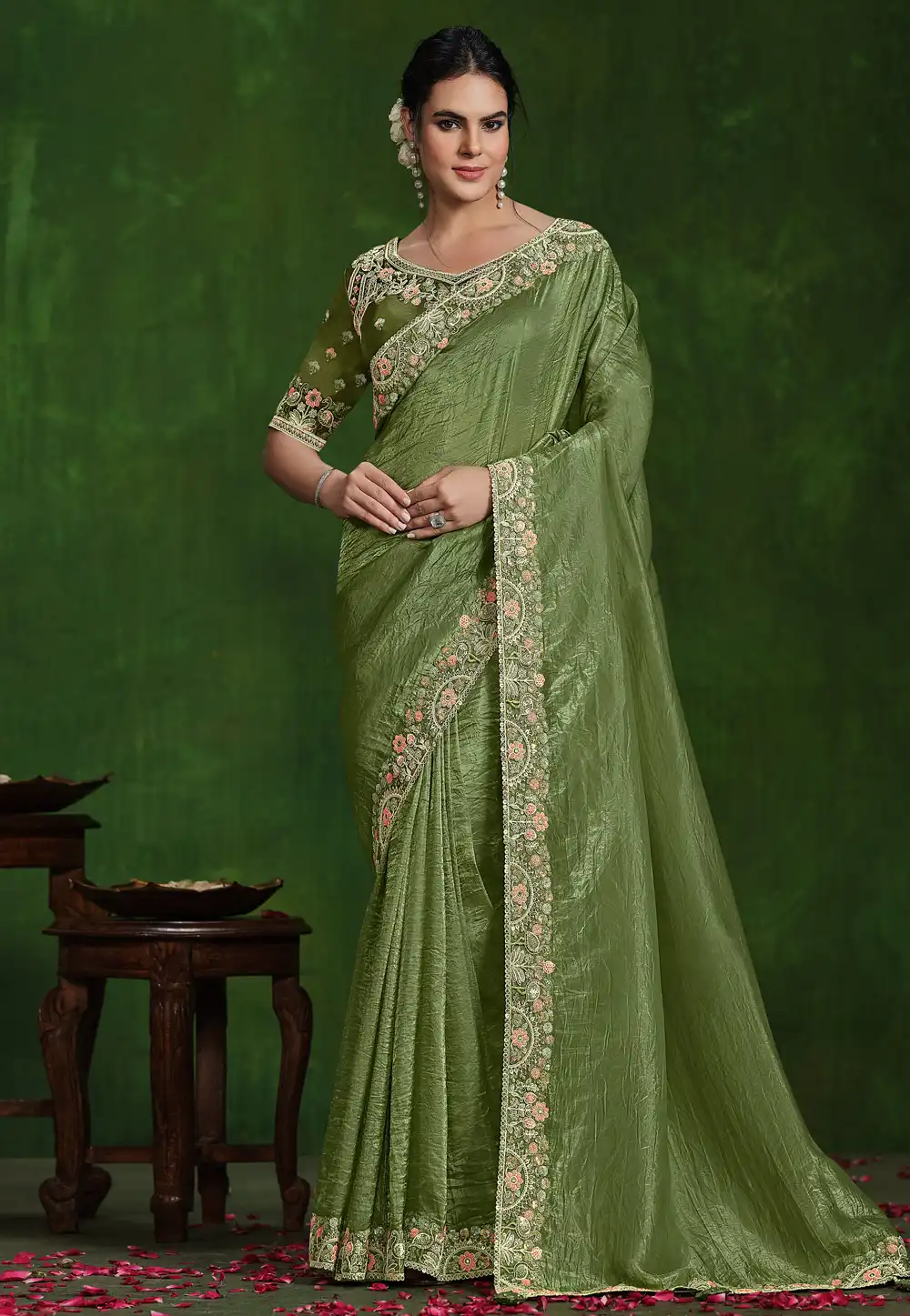 Mehndi Silk Saree With Blouse 294725