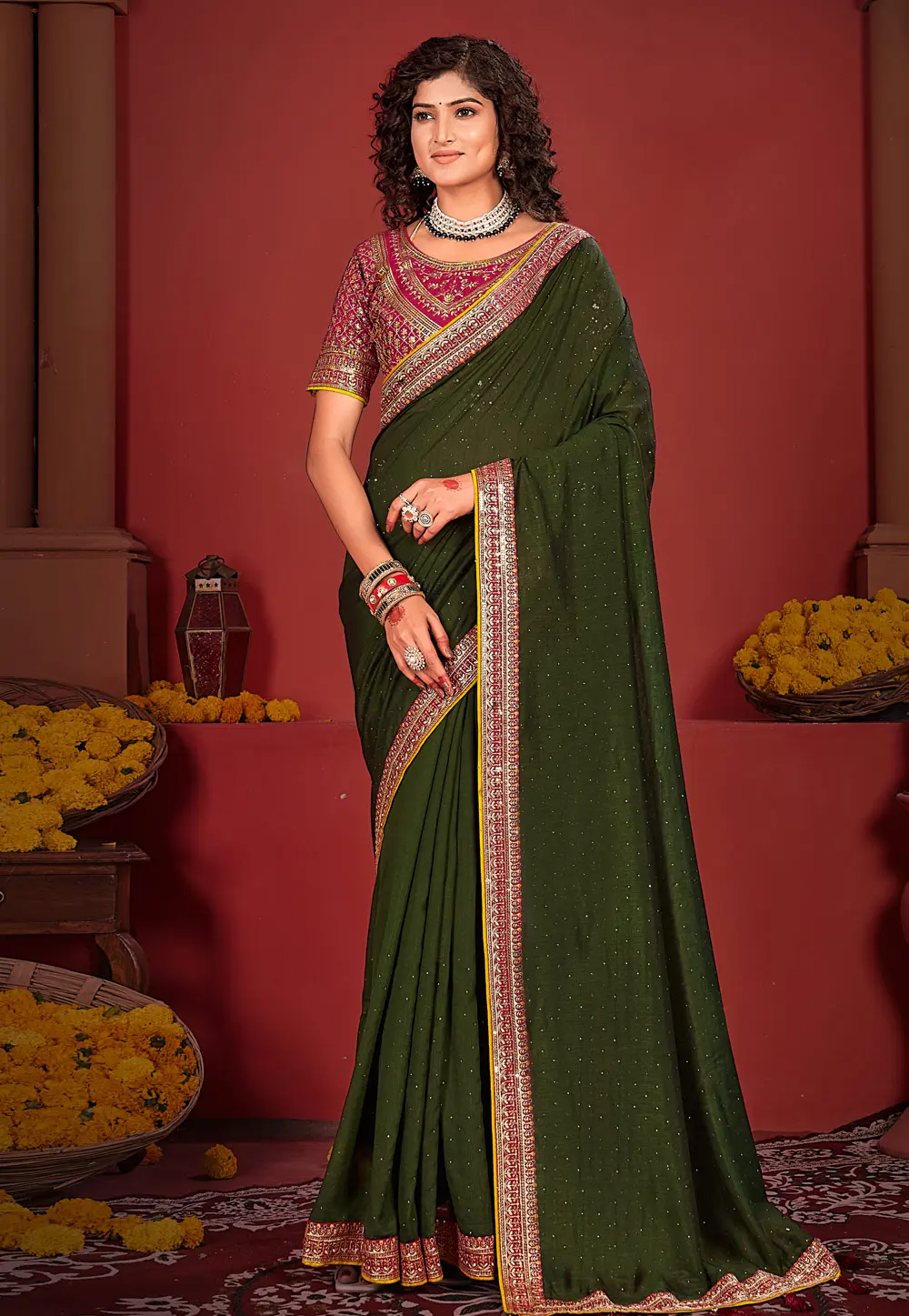 Mehndi Silk Saree With Blouse 299110