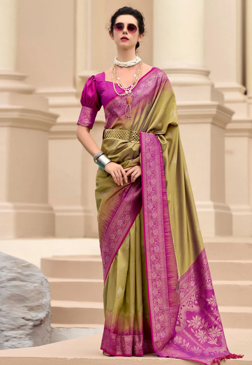 Mehndi Silk Saree With Blouse 301053