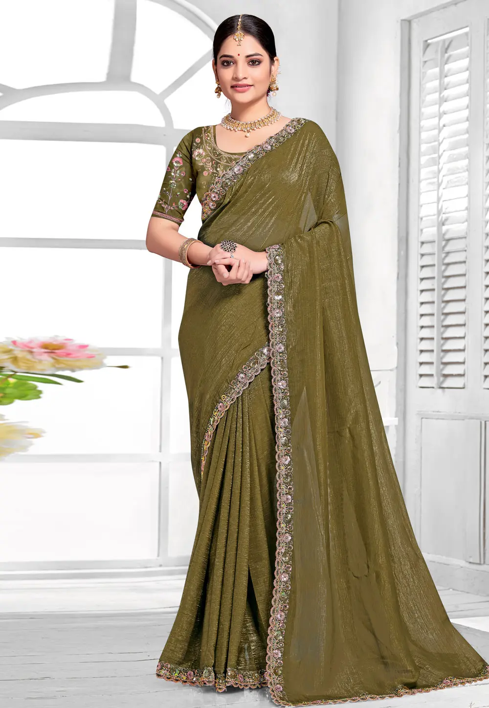 Mehndi Silk Saree With Blouse 303615