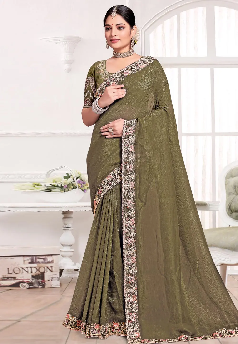 Mehndi Silk Saree With Blouse 303625