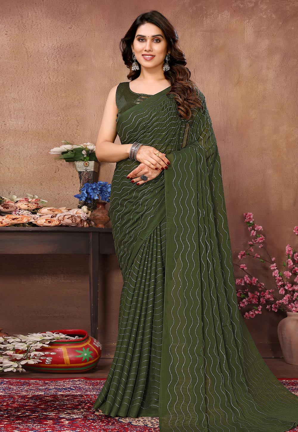 Mehndi Silk Saree With Blouse 284532