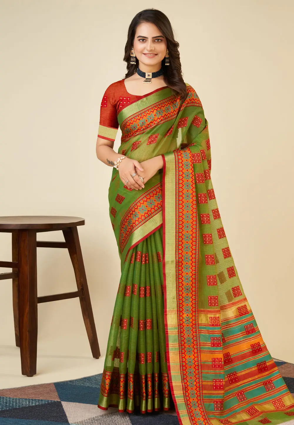 Mehndi Silk Saree With Blouse 296363