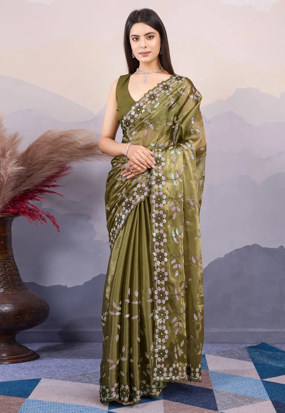 Mehndi Silk Sequence Saree 295536