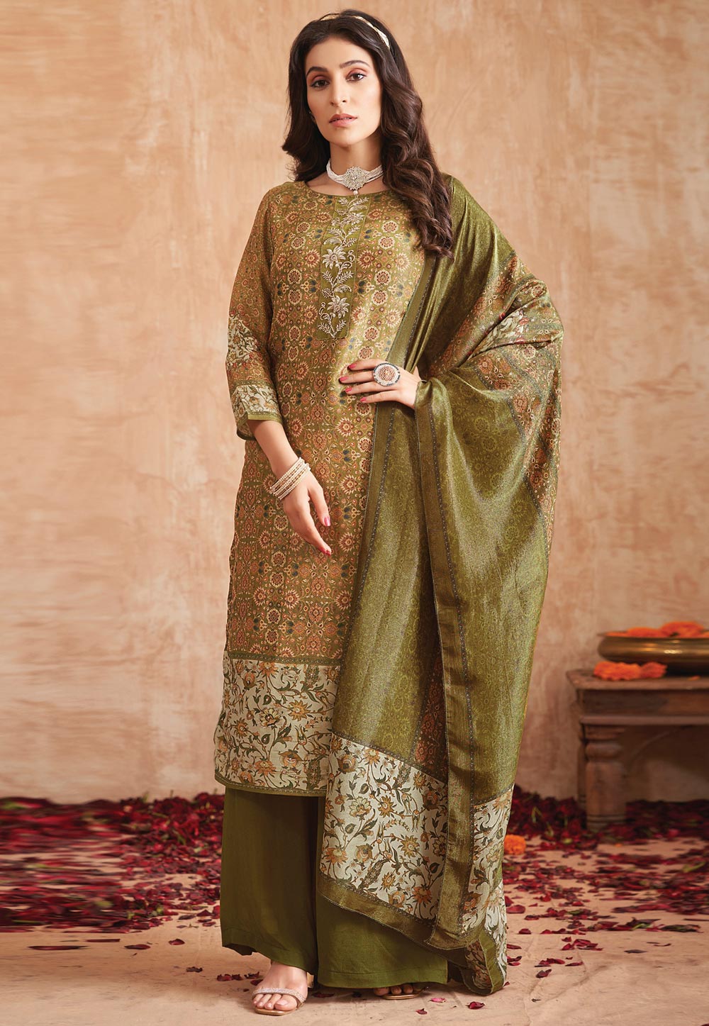 Mehndi Tissue Palazzo Suit 310140