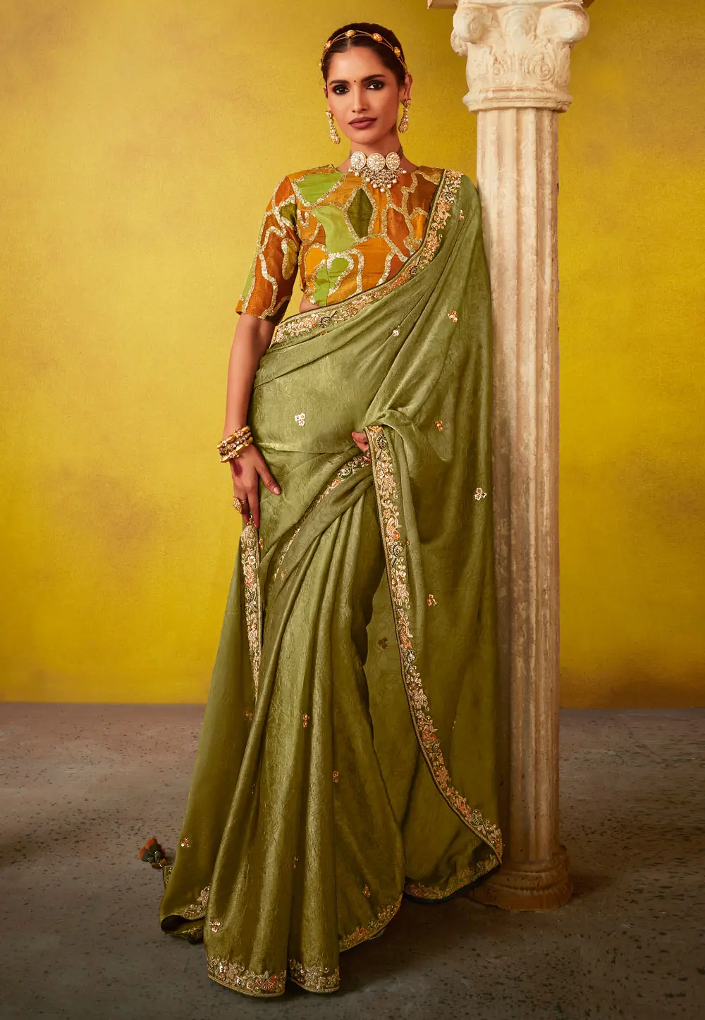 Mehndi Tissue Saree With Blouse 302853