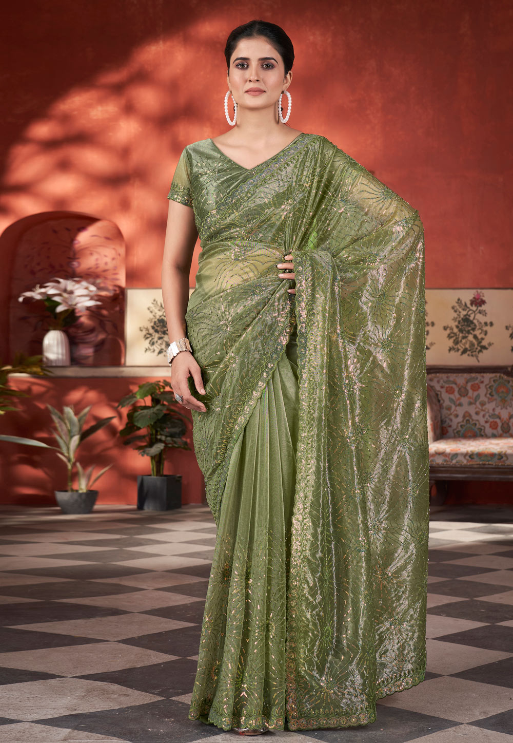 Mehndi Tissue Saree With Blouse 309833