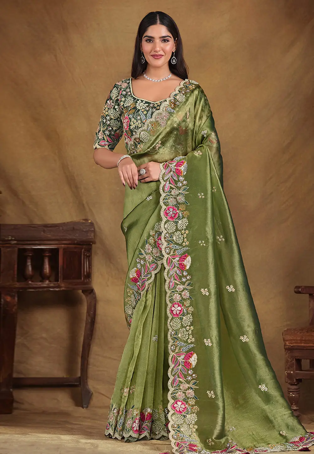 Mehndi Tissue Saree With Blouse 297174