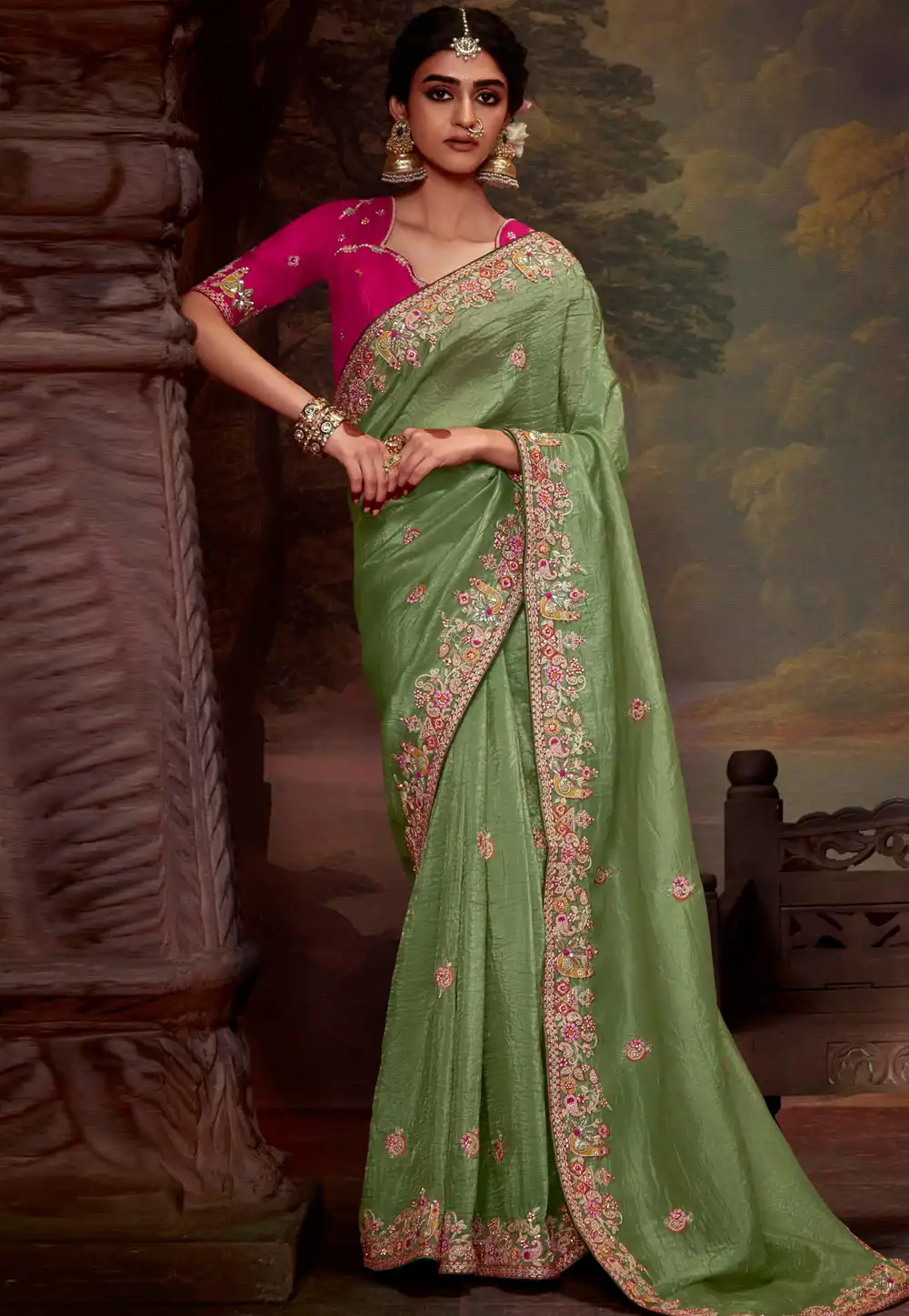 Mehndi Tissue Saree With Blouse 293633