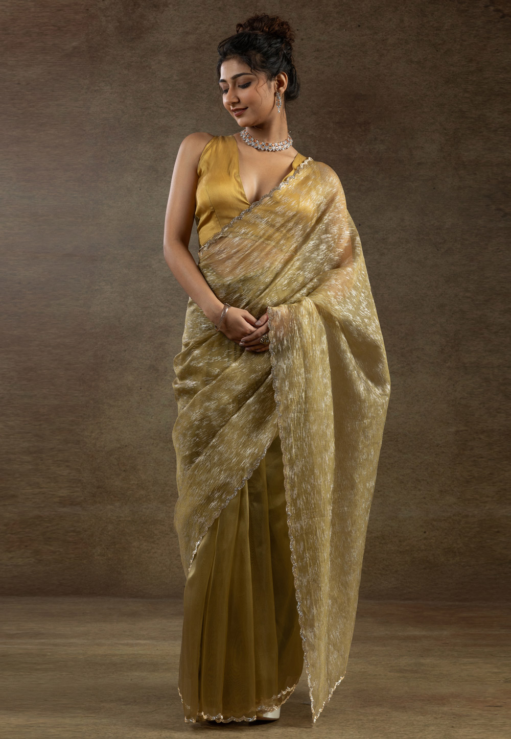 Mehndi Tissue Saree With Blouse 309366