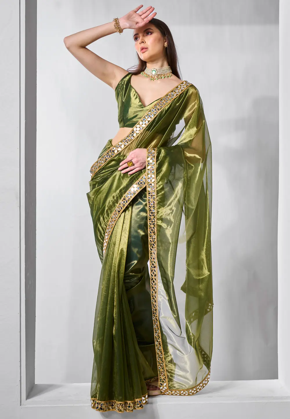 Mehndi Tissue Saree With Blouse 301243