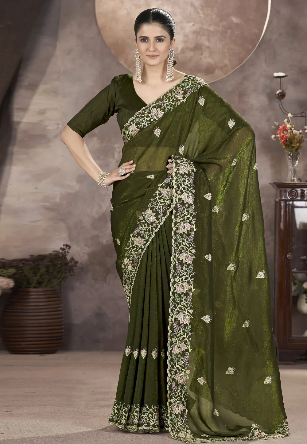 Mehndi Tissue Saree With Blouse 302531