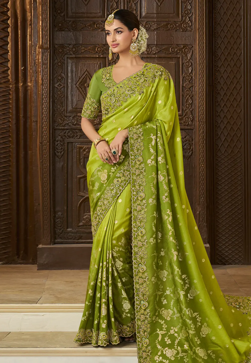 Mehndi Tissue Silk Half N Half Saree 301097