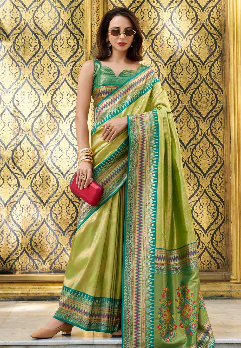 Light Green Tissue Silk Saree With Blouse 303657