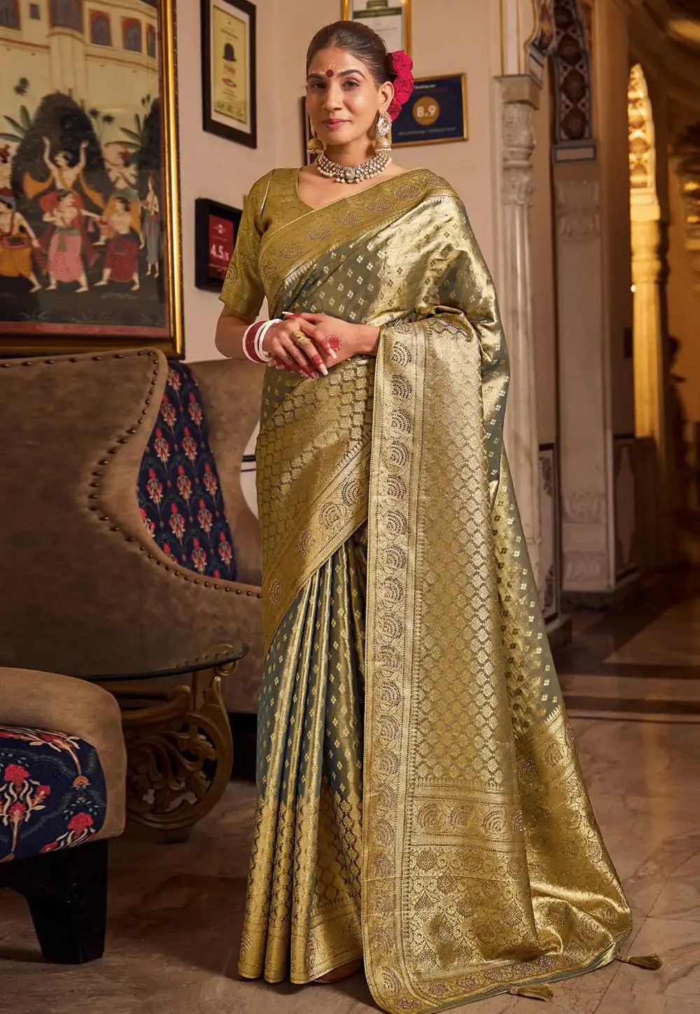 Mehndi Tissue Silk Saree With Blouse 290008