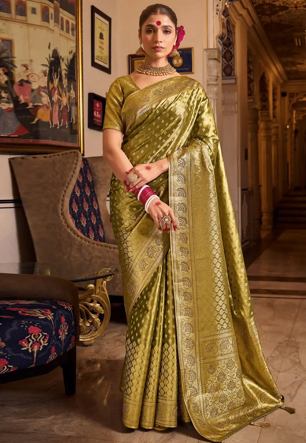 Mehndi Tissue Silk Saree With Blouse 290011